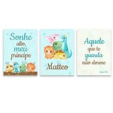 Kit Quadros Decorativos Quarto de Bebê Dinossauro Baby com Nome do Bebê Personalizado PQF0-04