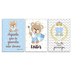 Kit 3 Quadros Decorativos Ursinho Principe Azul Claro Quarto de Bebê c/ Nome Personalizado Infantil PQF0-015