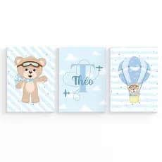 Kit Quadros Decorativos para quarto de bebê Ursinho Baloeiro Azul com Nome Personalizado