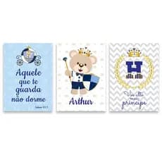 Kit Quadros Decorativos Ursinho Realeza Quarto de Bebê com Nome Personalizado Infantil 3 peças PQF0-09