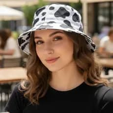 Chapeu Bucket Hat Vaca Manchinha Preta e Branca Modinha Blogueira