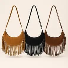 Bolsa Estilo Festival Boho com Franjas Feminina Marrom Preta Camurça Look Fashion