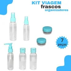 Kit Frasco Organizador Viagem 7 Peças com Bolsa Zip Transparente Shampoo e Cremes