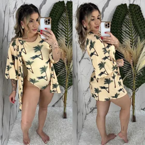 Saída De Praia Banho Kimono Curto + Maiô Body Estampado Bojo