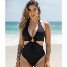 Body Maiô Feminino Preto Liso Praia Modelador Multiformas Decote Com Bojo