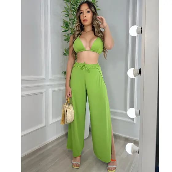 Kit Biquini Hot Pant Calça Pantalona Fenda Laterais Cos Alto