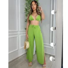 Kit Biquini Hot Pant Calça Pantalona Fenda Laterais Cos Alto