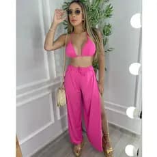 Kit biquini Feminino  Moda Praia  Calça Pantalona Fenda Lateral Luxo