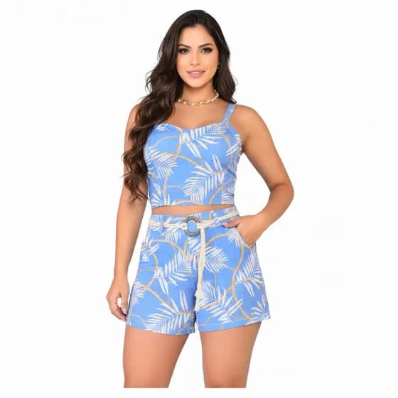 Conjunto Feminino Cropped E Short Com Bolso Estampado