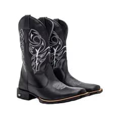 Bota Botina Masculina Texana Country em Couro Legitimo Cano Longo Preta Novidade Ref: Delegada