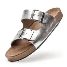 Sandália Papete Feminina Birken Ergonômica Antistress Macio Couro Legitimo Prateada