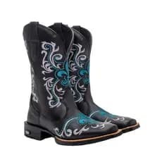 Bota Feminina Country Texana em Couro Legitimo Bico Quadrado Premium Flor de Liz