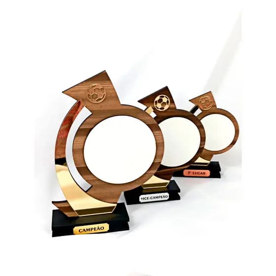 KIT 03 Troféus Vários Esportes para Personalização, Em Acrílico e MDF, Acabamento Premium