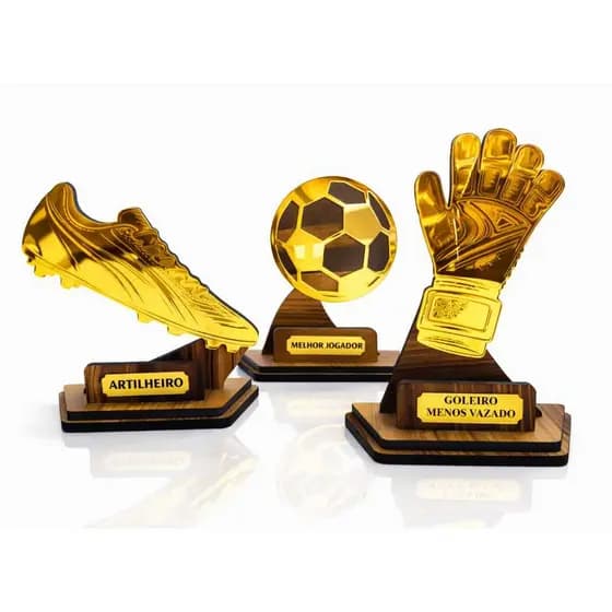 Kit 3 Troféus Premiação Artilheiro Melhor Jogador Goleiro Mdf Acrílico Reforçado Masculino Feminino