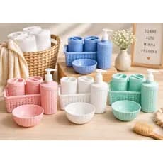 Kit Higiene Bebê Trama 5 Peças Colorido Plástico Quarto Bebê Organização Infantil Porta Algodão Cotonete Bebe Plasútil