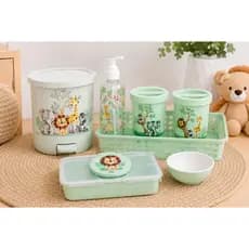 Kit Higiene Bebê Safari Verde 7 Peças Menino Organização Quarto Bebê Completo Plasútil Lixeira Porta Lenços Plastico
