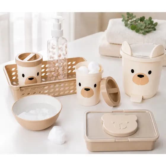 Kit Higiene Bebê Ursinho Caramelo Quarto Bebê Menino 7 Peças Kit Infantil Organização Decoração Porta Lenços Lixeira