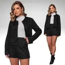 Conjunto Feminino Alfaiataria Blazer Curto + Short Elegante Tweed Look Social Moderno