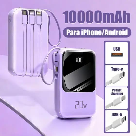 Carregador Portátil Powerbank 10000mAh 4 cables de carga rápida PD para Android e iOS e Lanterna A6