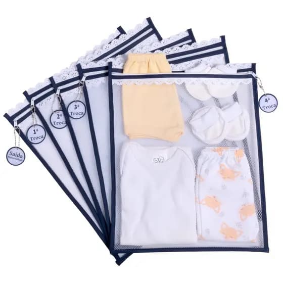 Kit c / 5 Saquinhos Maternidade (Azul Marinho) Tule com TAG ACRÍLICA e ZÍPER Organizadores 30x35 cm