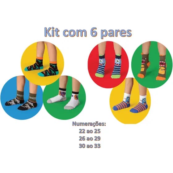 Kit 6 pares de meia infantil colorida divertida com orelhinha para menino e menina