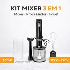 Kit Mixer 3 em 1 200W 220V – Mixer de Imersão, Processador e Fouet com Copo 700ml