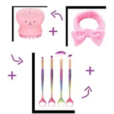 Super Kit Tiara Laço + Esponja Polvinho SkinCare + Kit Pincel Sereia c 4 pç - Envio Imediato