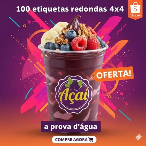 100 ADESIVOS ETIQUETAS VINIL AÇAI AUTO COLANTE PROVA D ÁGUA