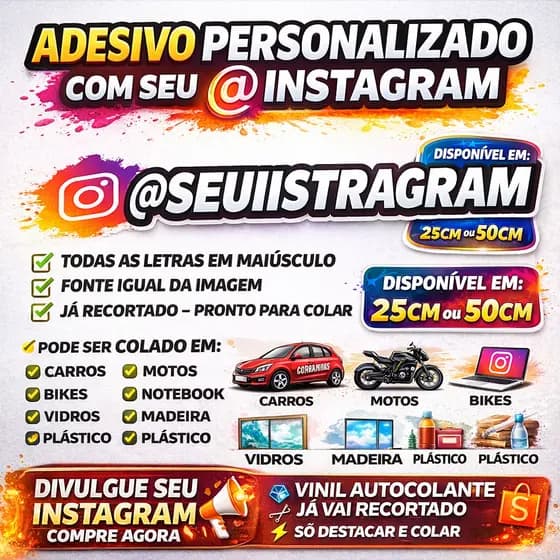 Adesivo personalizado impressão com seu @SeuInstagram para Carro Moto Notebook Capacete Bike