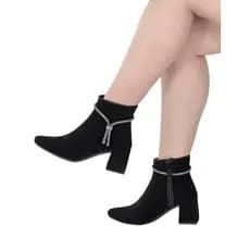Bota Feminina Bico Fino Salto Cano Curto Shekinah Enfeite Strass Detalhe Confortável Ziper