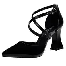 Scarpin Bico Fino Salto Alto Geométrico Taça Shekinah Tiras Cruzadas Saia e Blusa Moda