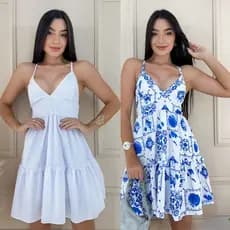Kit 2 Vestidos Curto Feminino Soltinho Rodado Alcinha Liso Estampado Verão Delicado