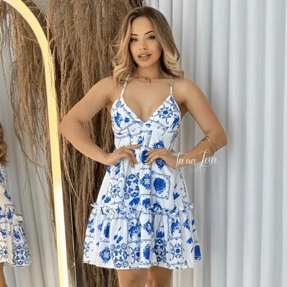Vestido Feminino Curto Verão Liso Estampado Floral Com Alça Fresco Férias Praia