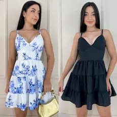 Kit 2 Vestido Curto Feminino Estampado Floral Soltinho Rodado Alcinha Delicado Romântico Festa