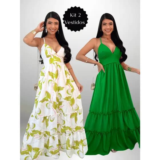 Kit 2 Vestidos Longos Estampado e Cor Lisa Verão Forrado com Alça
