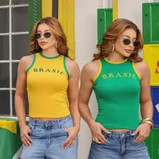 Kit 2 Blusa Feminina Regata Brasil Copa Ribana Canelada Bicolor