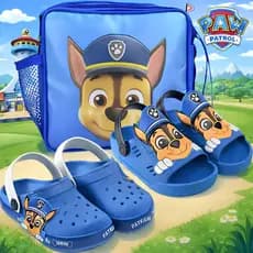 Kit Sandália Papete + Babuche Infantil Menino Patrulha Canina Com Lancheira Escolar Azul