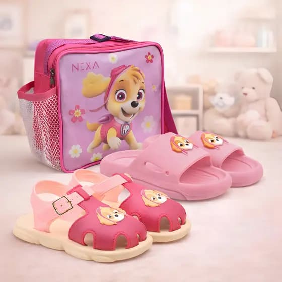 Kit Chinelinho Menina + Slide Fofa Com Mochila Infantil Patrulha Kids Marca Nexa