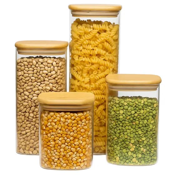 Kit 4 Potes Quadrados Grande Herméticos Vidro Tampa Bambu Porta Condimento Grãos Tempero Cozinha