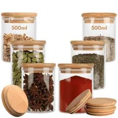 Kit 6 Potes 300ml em Vidro Tampa de Bambu para Mantimentos Porta Temperos