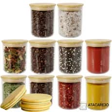 Kit de 10 Potes Hermético Vidro Redondo Tampa De Bambu 750ml