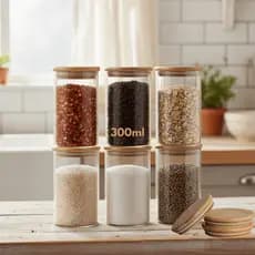 Kit 8 ou 6 Pote Hermético de 300ml Redondo Vidro Borossilicato Tampa de Bambu