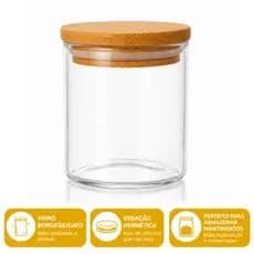 Pote de Vidro 300ml com Tampa de Bambu Hermético Organizador Cozinha
