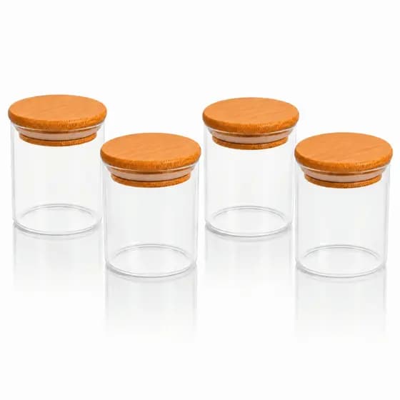 Kit 3/4/5/6/10 Potes De Vidro 200ml Hermético Tampa De Bambu Porta Tempero Condimentos