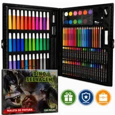 Maleta De Pintura Infantil 150 Peças Dinossauro Com Canetinhas Lápis Giz De Cera Tinta Guache Régua Cola Tesoura