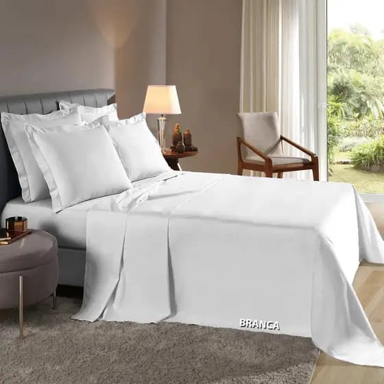 Jogo de lençol Percal Flex 400  fios 3 Peças Casal Padrão Cama Box Extra Macio Fronhas Abas Branco