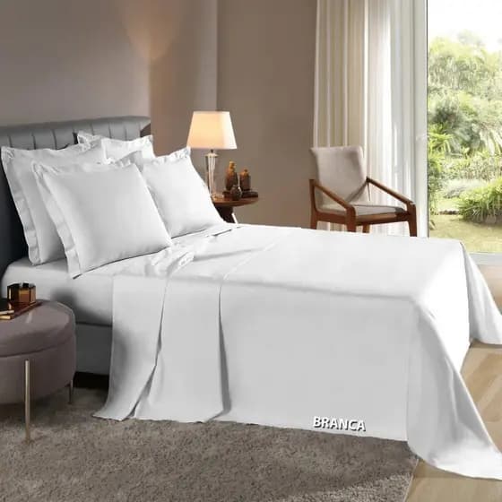 Jogo de lençol Percal Flex 400  fios 4 Peças Casal Padrão Cama Box Extra Macio Fronhas na Cor Branco