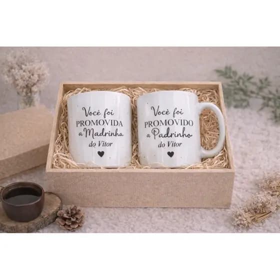 Kit Padrinhos Madrinhas Caneca de Porcelana 325ml Personalizada com Caixa MDF Presente