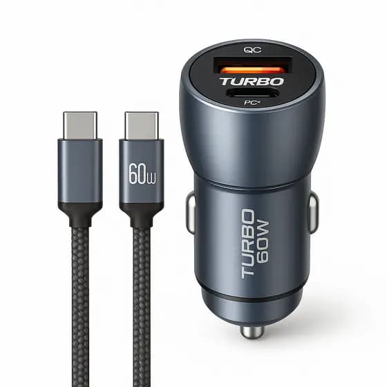 Carregador Veicular Turbo 60W USB-C PD + QC 4.0 Carregador rápido usb carro