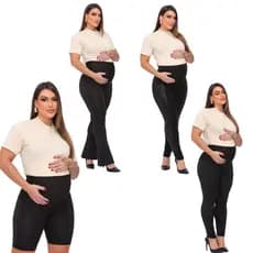 Kit 4 Peças Legging Gestante Flare Bermuda Para Grávida Calça Montaria Cirre Pretas Suplex